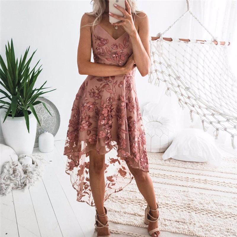 Elegant Vintage Bohemian Beach Strapless Top Dresses Casual Flower Embroidery Dress V-Neck Elegant Pink Lace Dress Women Party