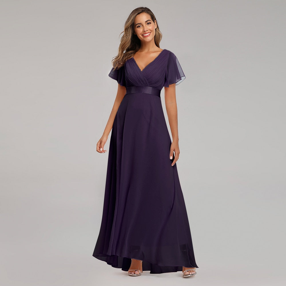 Evening Dresses Elegant V-Neck Ruffles Chiffon Formal Evening Gown  Robe Vestidos De fiesta Dress for Wedding Party