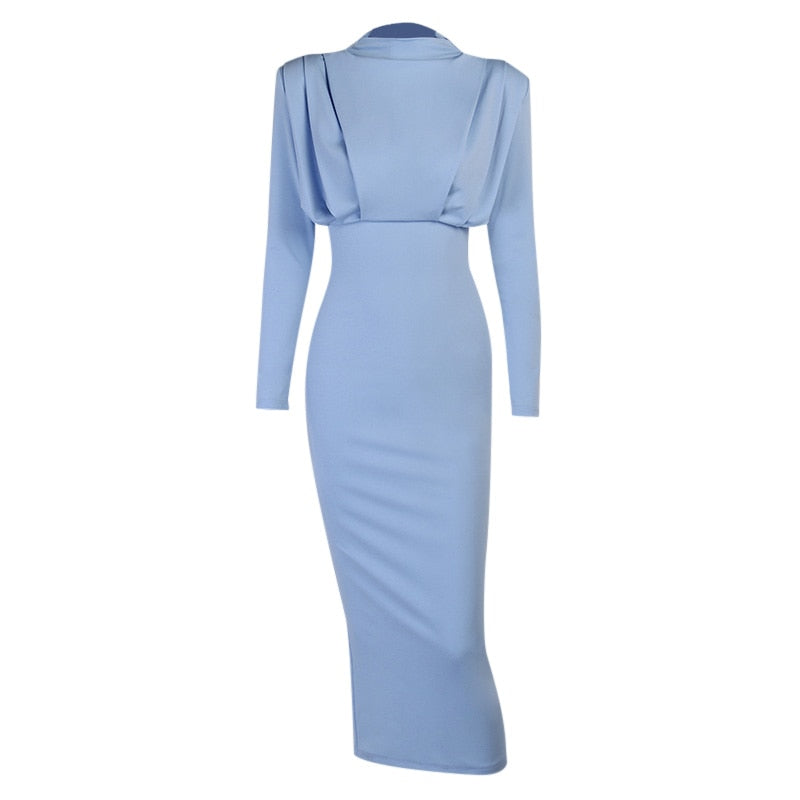 Elegant Women Dress Stand Collar Slim Waist Solid Blue Ankle Length Autumn Long Sleeve Casual Party Dress Fashion
