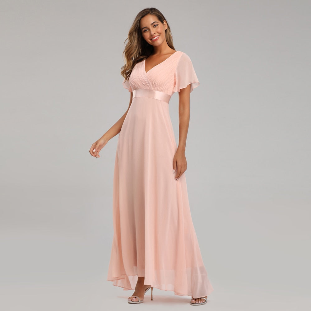 Evening Dresses Elegant V-Neck Ruffles Chiffon Formal Evening Gown  Robe Vestidos De fiesta Dress for Wedding Party