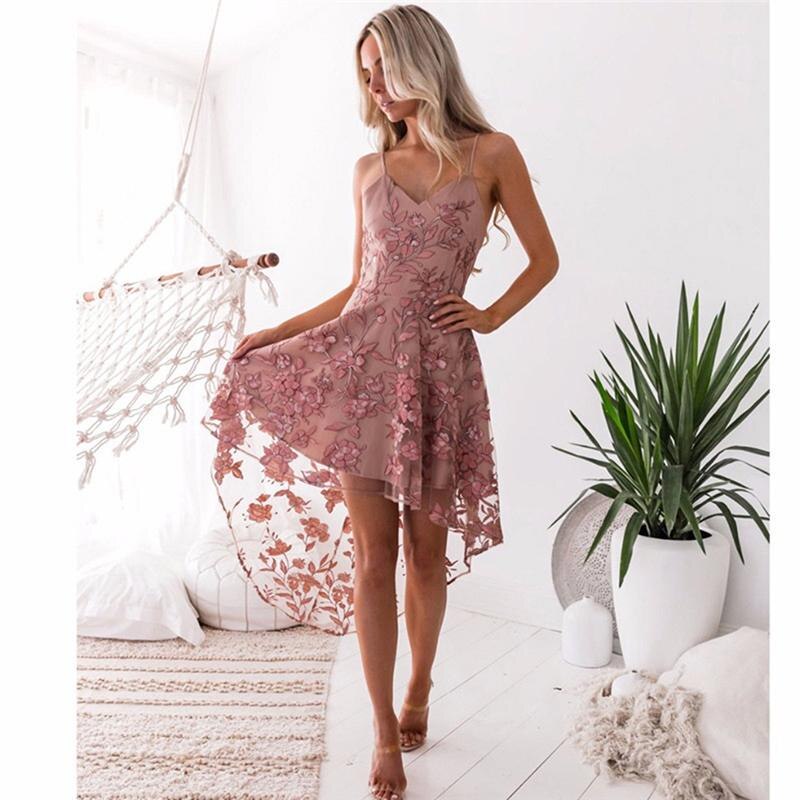 Elegant Vintage Bohemian Beach Strapless Top Dresses Casual Flower Embroidery Dress V-Neck Elegant Pink Lace Dress Women Party