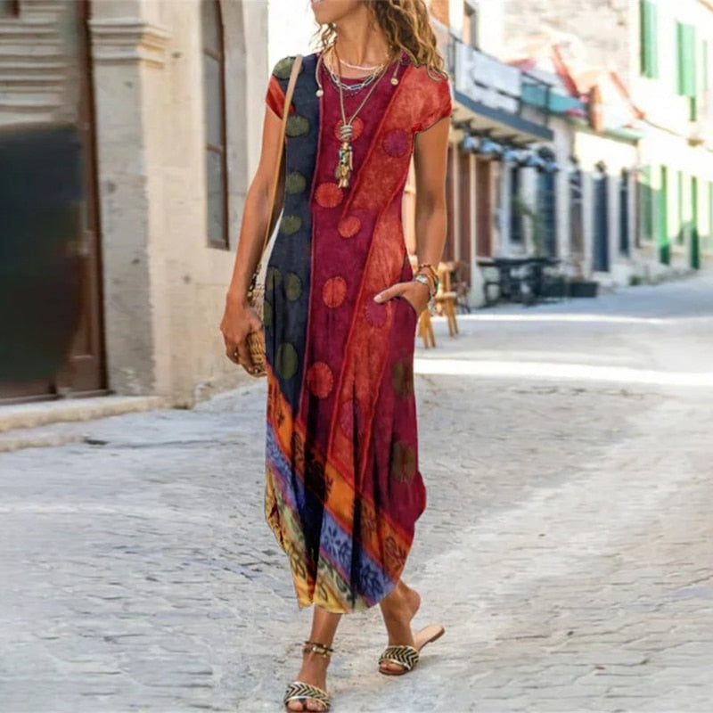 Elegant Women Maxi Dress 2023 Summer O Neck Short Sleeve Sundress Office Lady Party Dress Female Print A-Line Long Dress Vestido