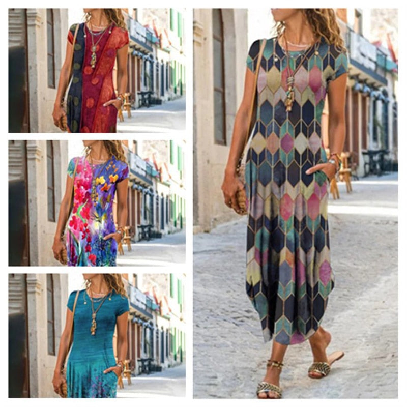 Elegant Women Maxi Dress 2023 Summer O Neck Short Sleeve Sundress Office Lady Party Dress Female Print A-Line Long Dress Vestido