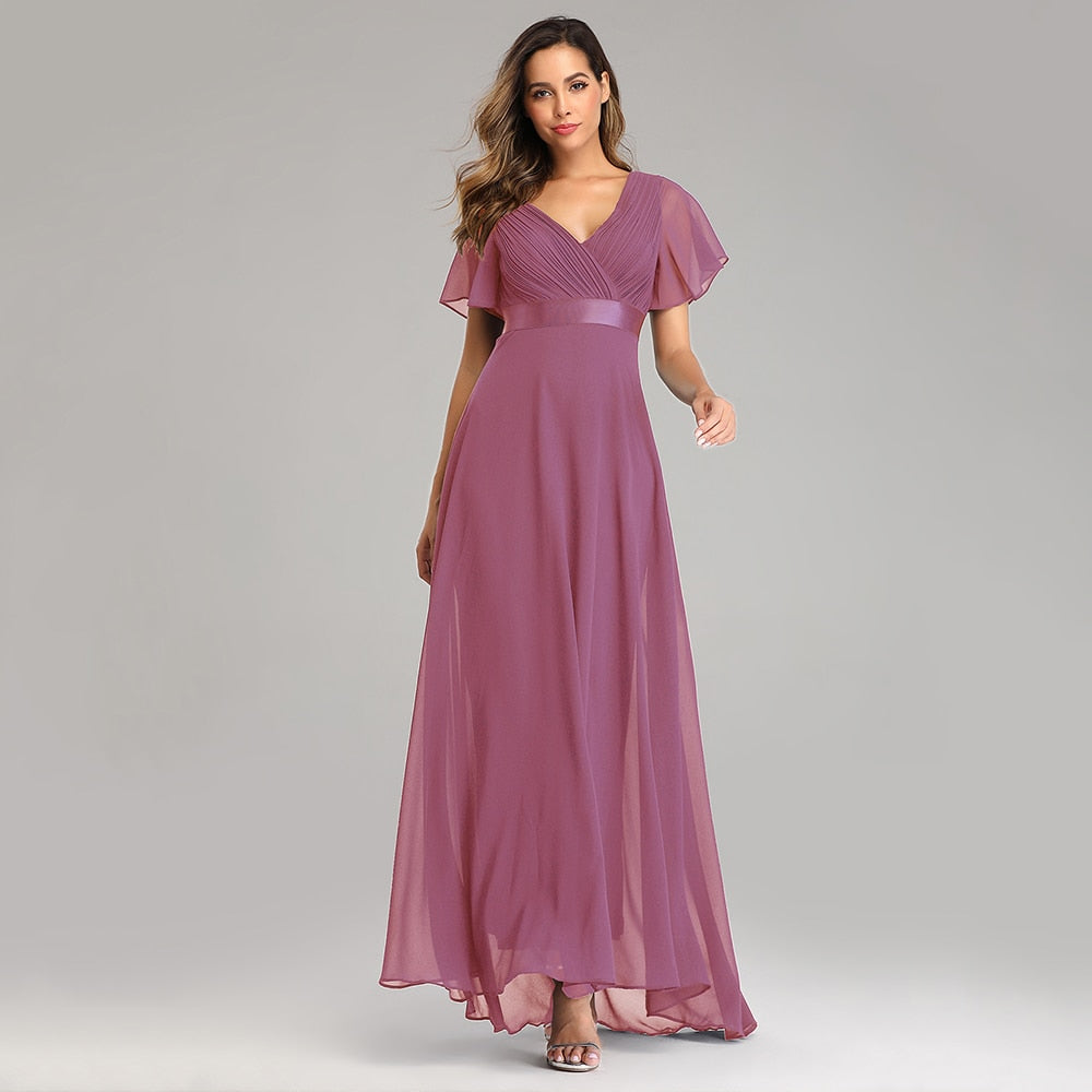 Evening Dresses Elegant V-Neck Ruffles Chiffon Formal Evening Gown  Robe Vestidos De fiesta Dress for Wedding Party