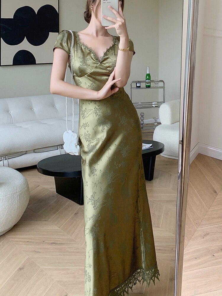 Elegant Women Green Satin Backless Evening Dress Ladies Lace Bandage Vintage Jacquard Mixi Dresses Party Vestidos Summer Robe