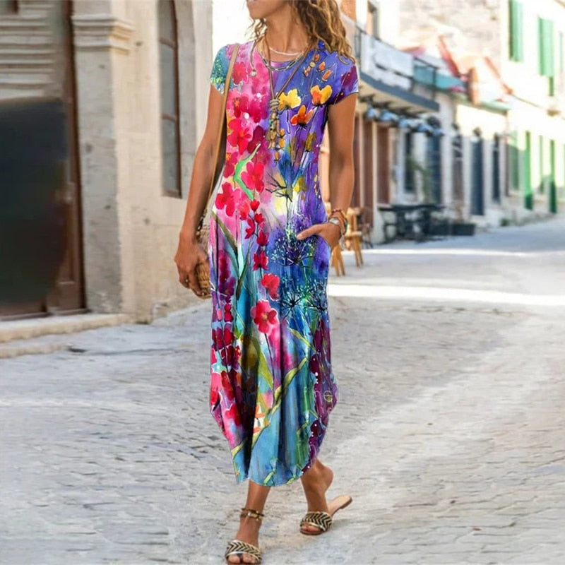 Elegant Women Maxi Dress 2023 Summer O Neck Short Sleeve Sundress Office Lady Party Dress Female Print A-Line Long Dress Vestido