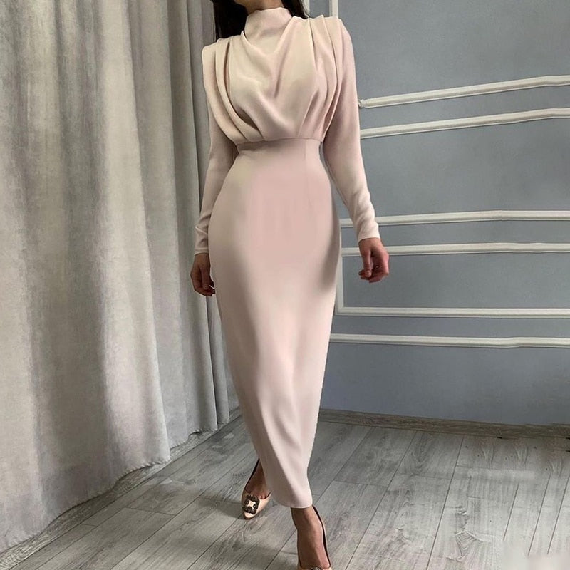 Elegant Women Dress Stand Collar Slim Waist Solid Blue Ankle Length Autumn Long Sleeve Casual Party Dress Fashion