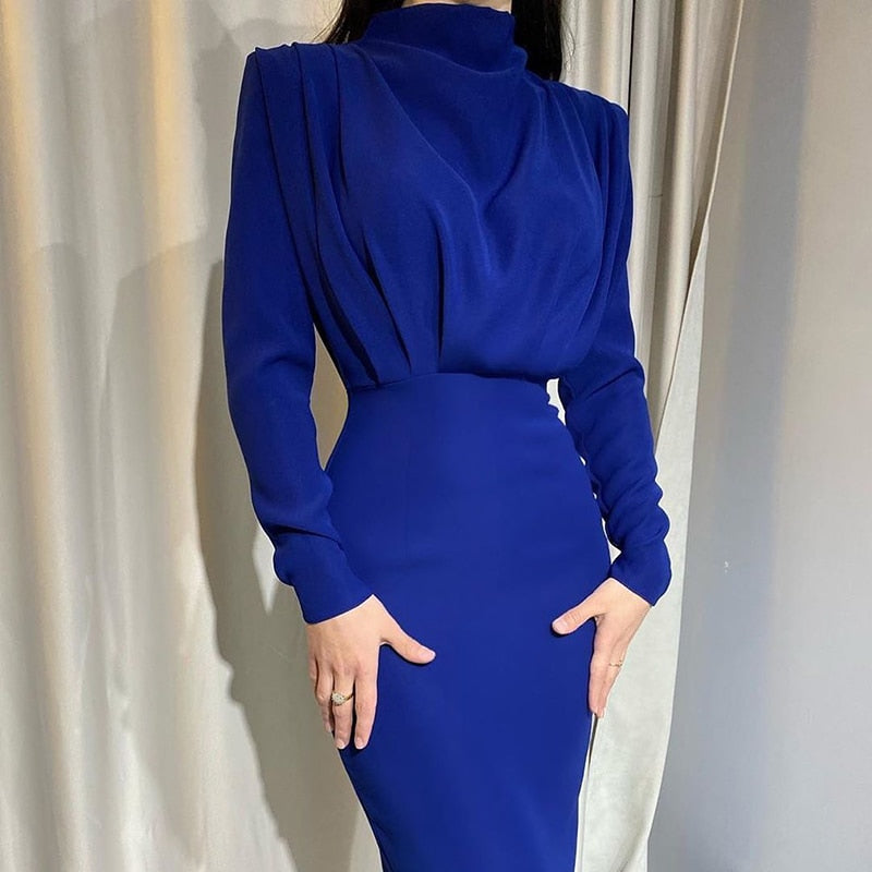 Elegant Women Dress Stand Collar Slim Waist Solid Blue Ankle Length Autumn Long Sleeve Casual Party Dress Fashion