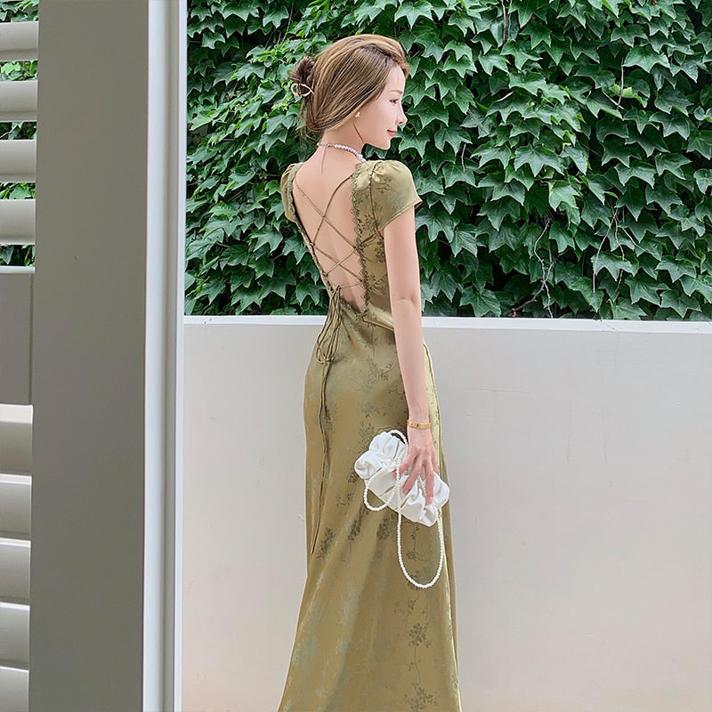 Elegant Women Green Satin Backless Evening Dress Ladies Lace Bandage Vintage Jacquard Mixi Dresses Party Vestidos Summer Robe