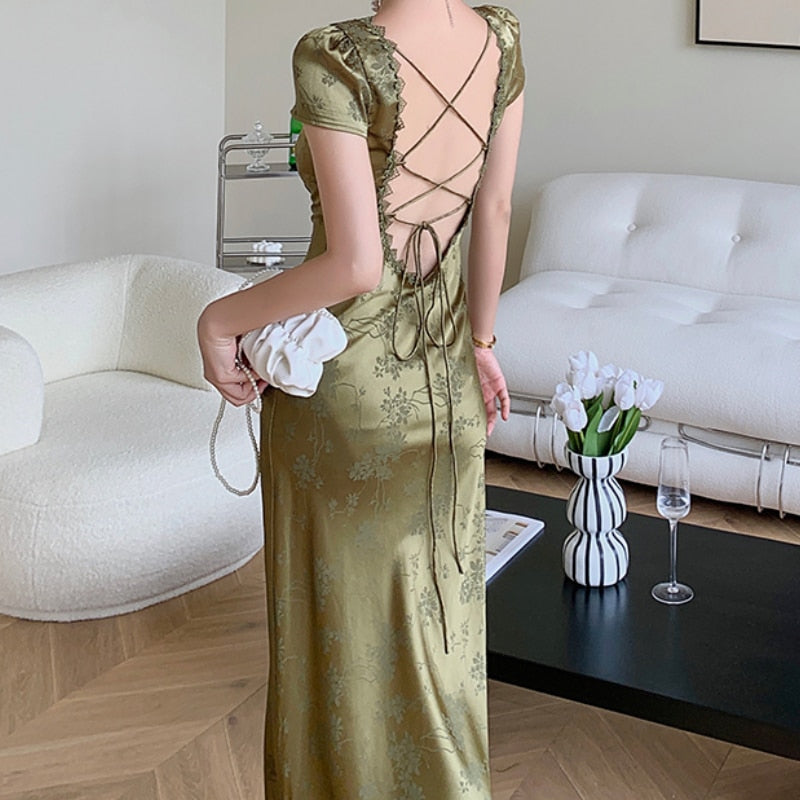 Elegant Women Green Satin Backless Evening Dress Ladies Lace Bandage Vintage Jacquard Mixi Dresses Party Vestidos Summer Robe