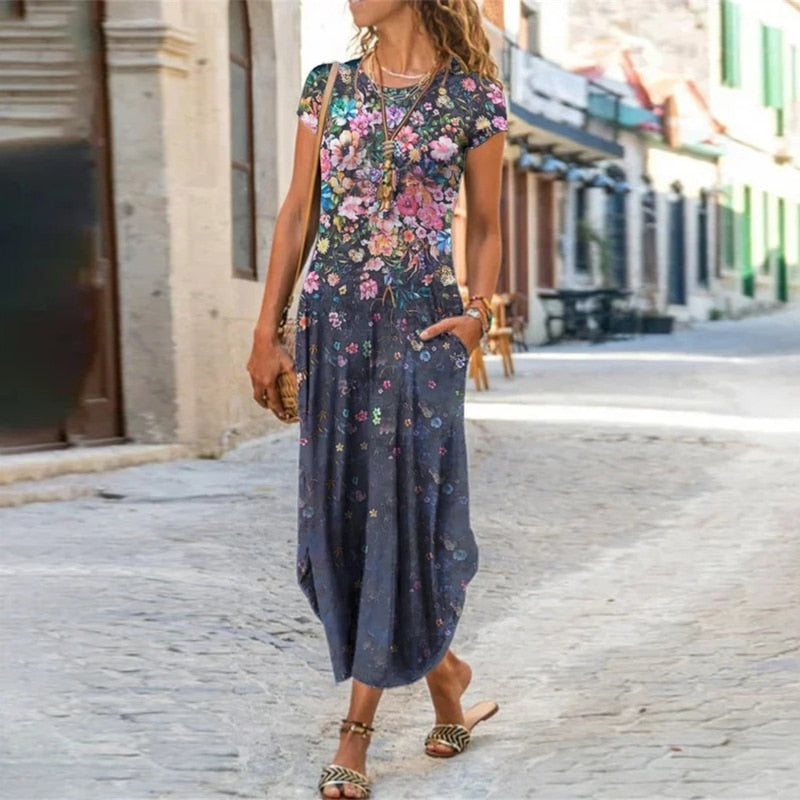 Elegant Women Maxi Dress 2023 Summer O Neck Short Sleeve Sundress Office Lady Party Dress Female Print A-Line Long Dress Vestido