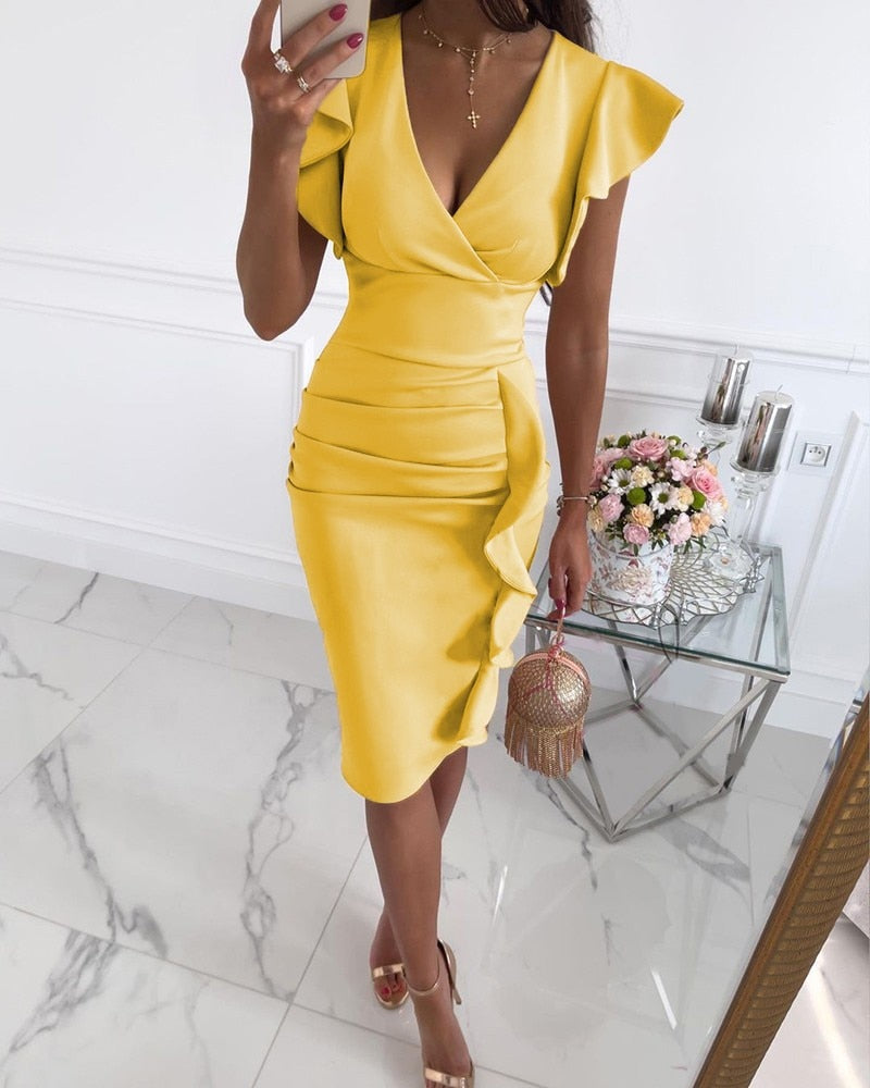 Elegant Workwear V-Neck Ruffle Hem Ruched Midi Long Bodycon Dress