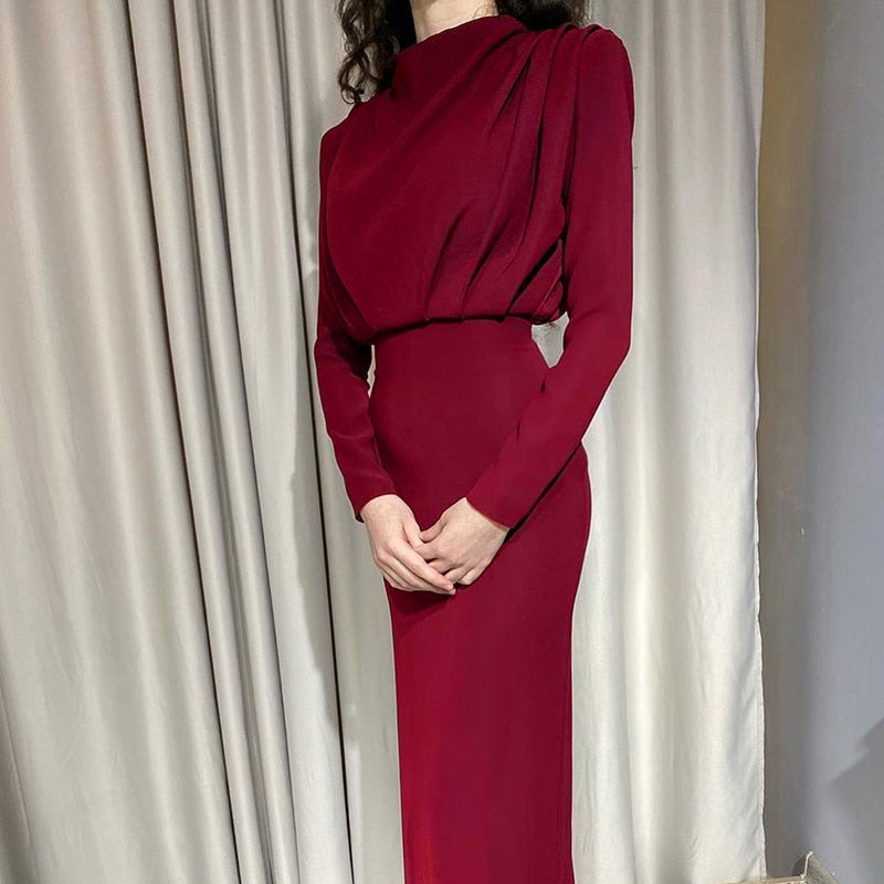 Elegant Women Dress Stand Collar Slim Waist Solid Blue Ankle Length Autumn Long Sleeve Casual Party Dress Fashion