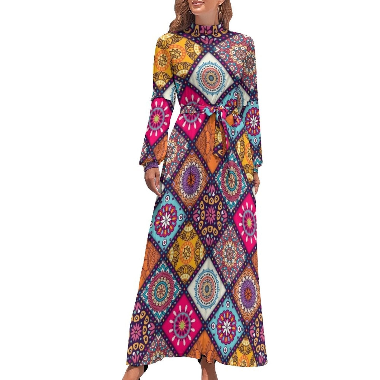 Ethnic Bohemia Dress Retro Floral Print Basic Beach Dresses Female Long Sleeve High Neck Elegant Long Maxi Dress