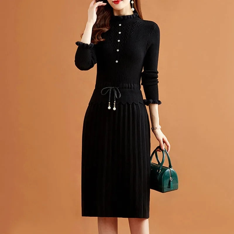 Fake Two Pieces Pleated Knitted Dress Women Vintage Ruffle Long Sleeve Bottoming Sweater Dresses Fall Casual Slim Midi Vestidos