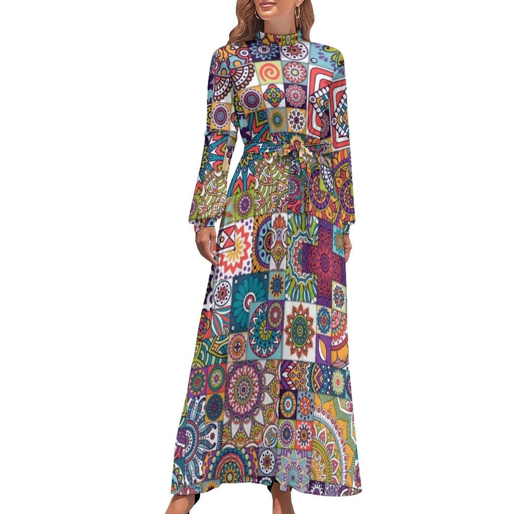 Ethnic Bohemia Dress Retro Floral Print Basic Beach Dresses Female Long Sleeve High Neck Elegant Long Maxi Dress
