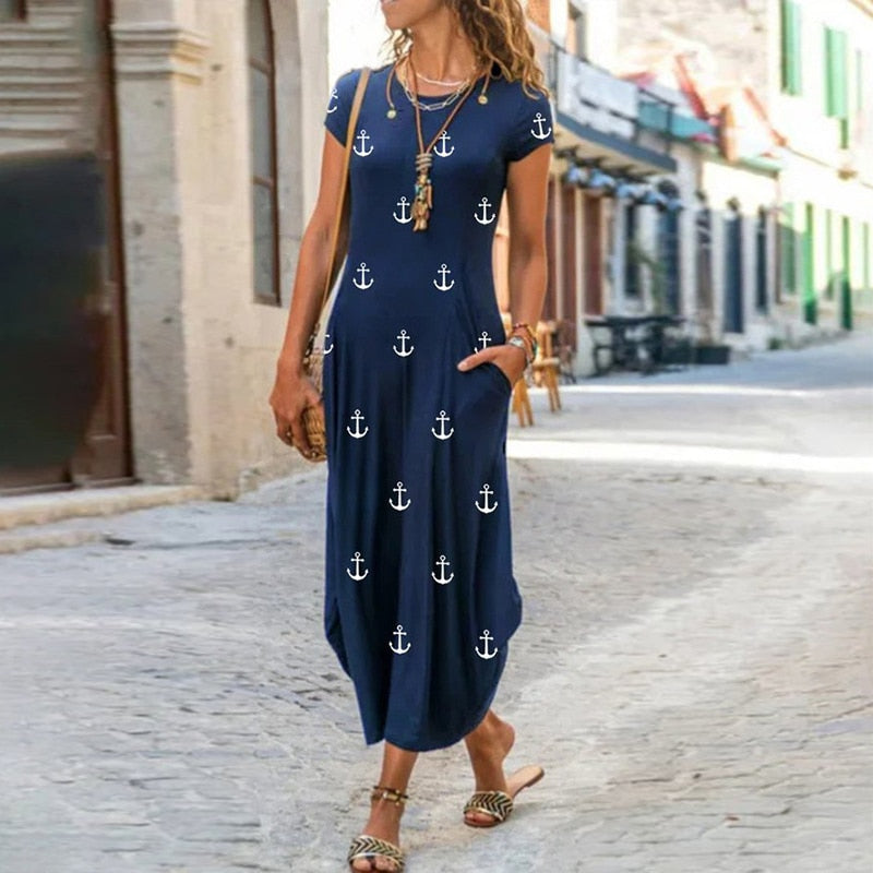 Elegant Women Maxi Dress 2023 Summer O Neck Short Sleeve Sundress Office Lady Party Dress Female Print A-Line Long Dress Vestido