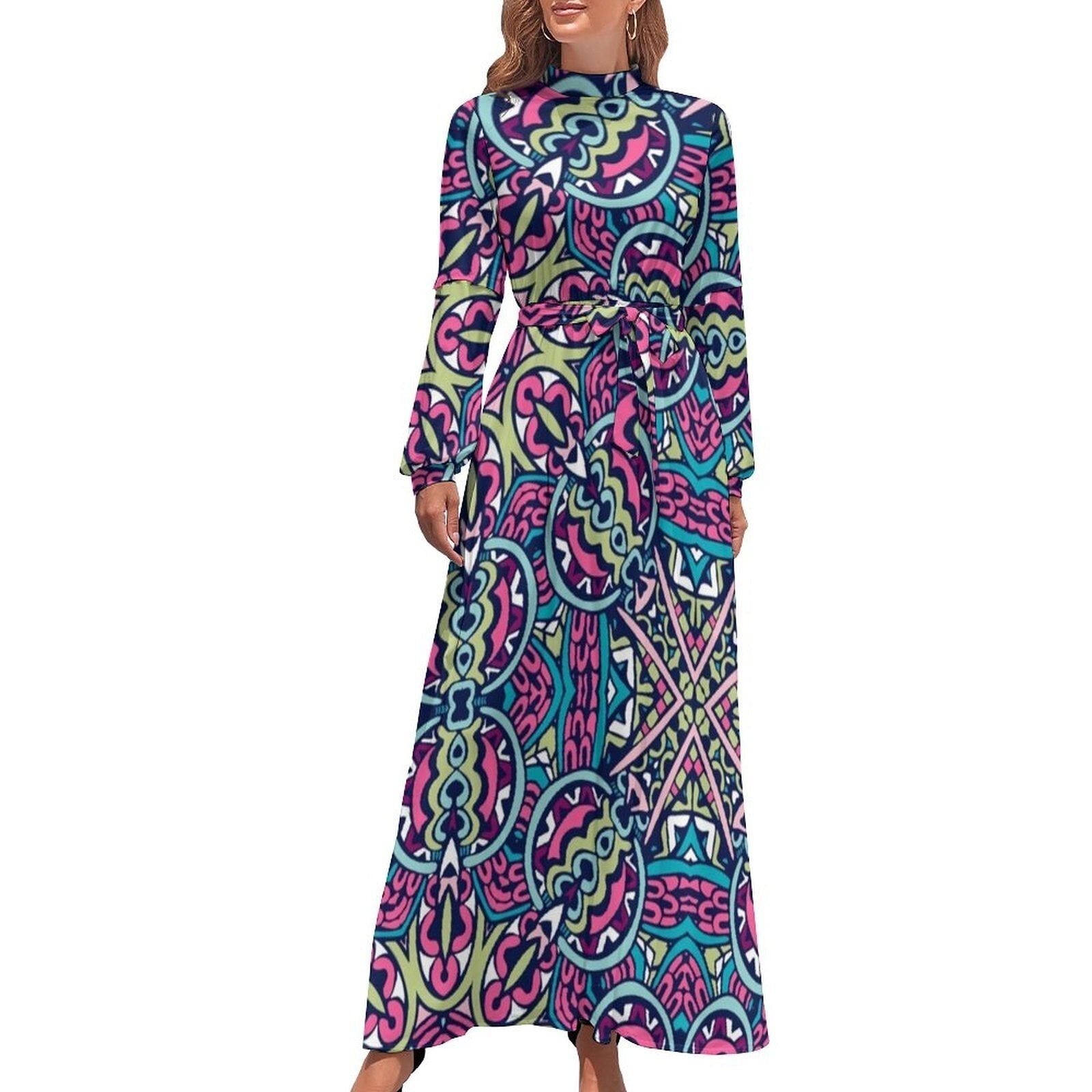Ethnic Bohemia Dress Retro Floral Print Basic Beach Dresses Female Long Sleeve High Neck Elegant Long Maxi Dress