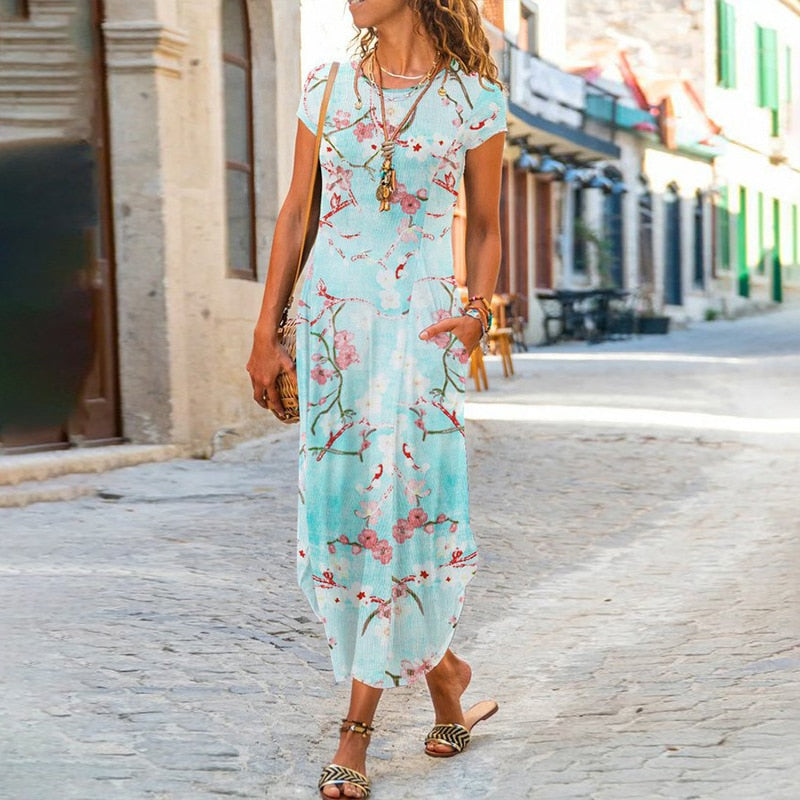 Elegant Women Maxi Dress 2023 Summer O Neck Short Sleeve Sundress Office Lady Party Dress Female Print A-Line Long Dress Vestido
