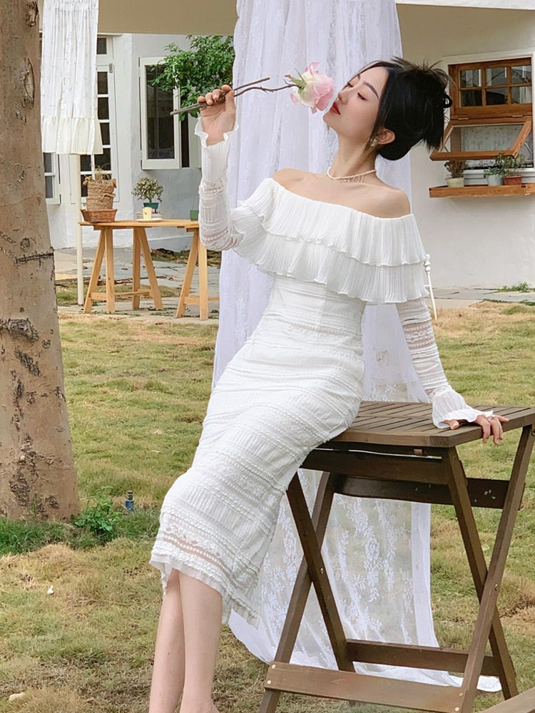 Elegant White Midi Dress Office Lady Long Sleeve Sexy Beach Party Bodycon Dress Women Chic 2023 Summer One Piece Dress Korean