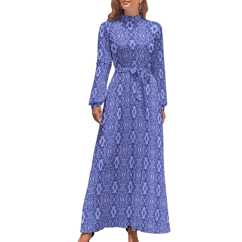 Ethnic Bohemia Dress Retro Floral Print Basic Beach Dresses Female Long Sleeve High Neck Elegant Long Maxi Dress