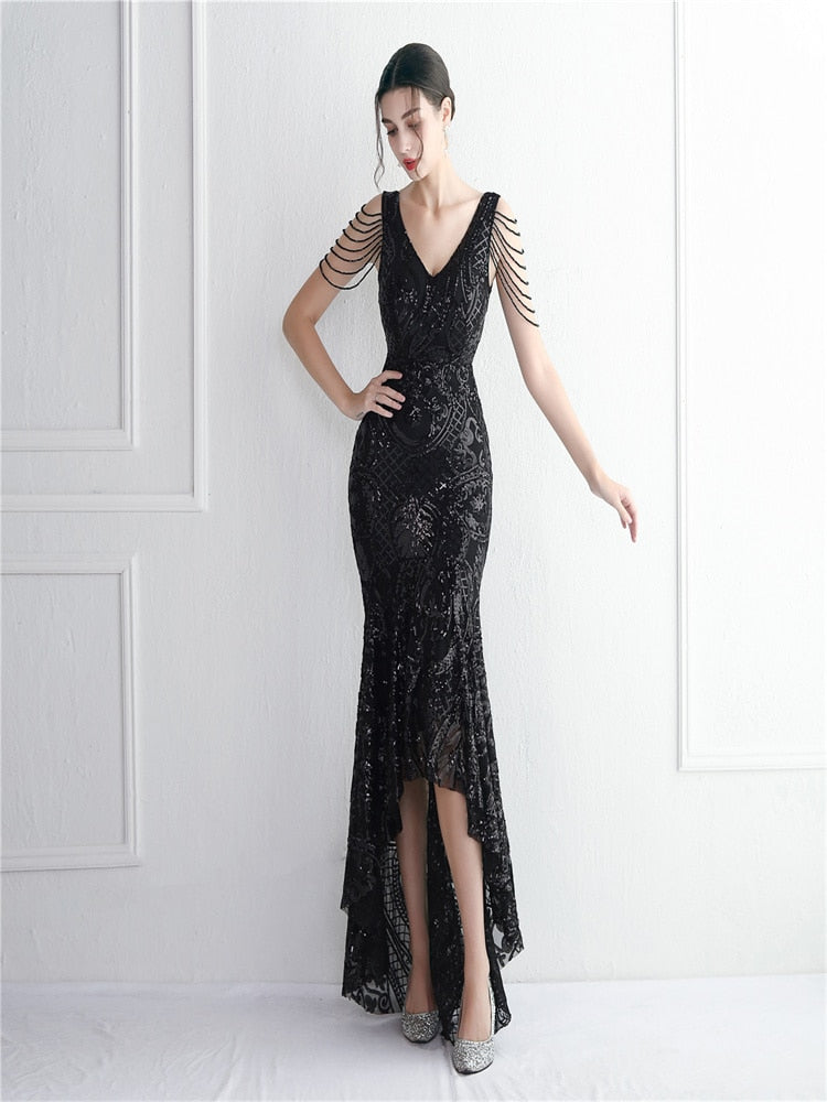 Elegant Women Beading Sleeve Long Prom Mermaid Dress Sexy Deep V Neck Sequin Evening Party Maxi Dress