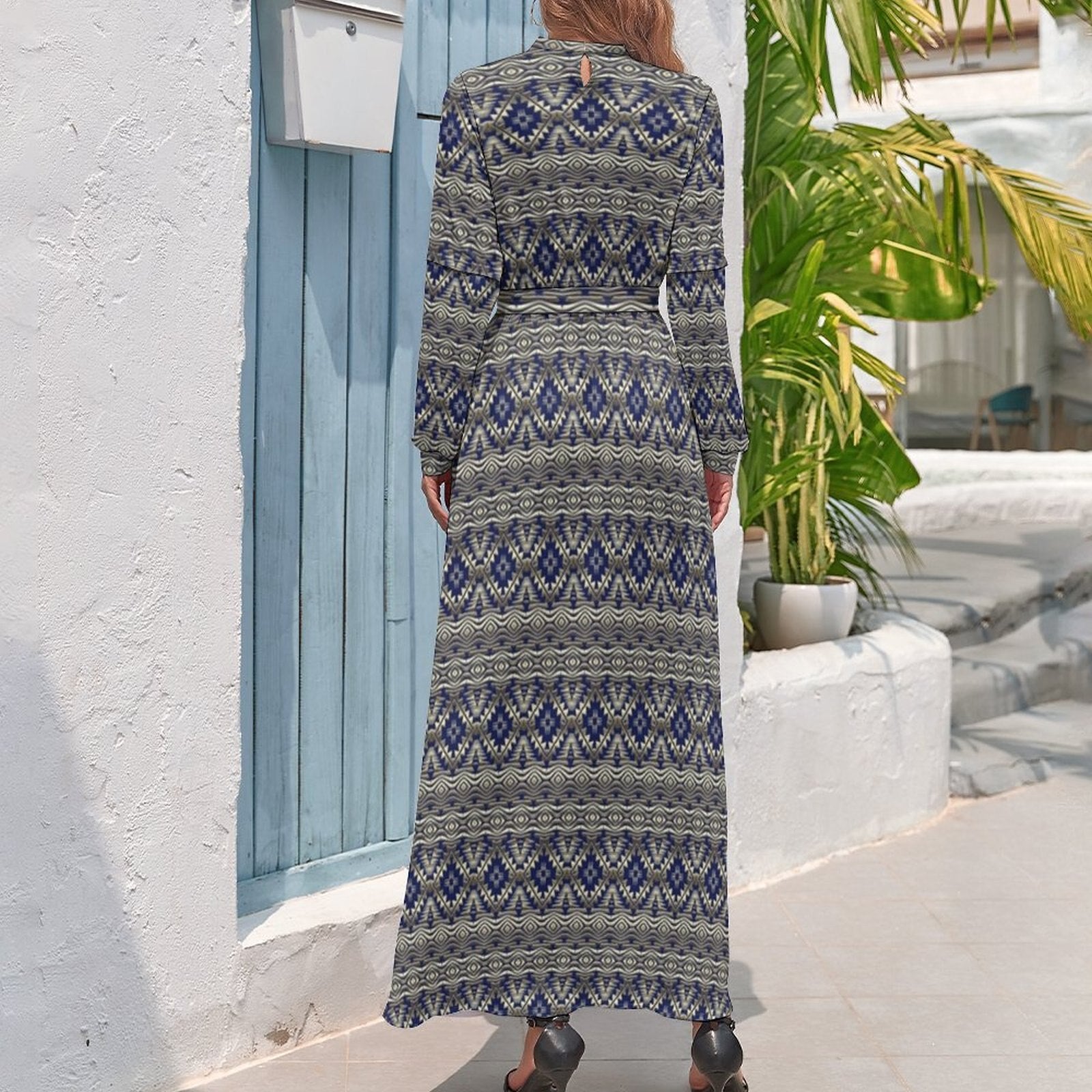 Ethnic Bohemia Dress Retro Floral Print Basic Beach Dresses Female Long Sleeve High Neck Elegant Long Maxi Dress