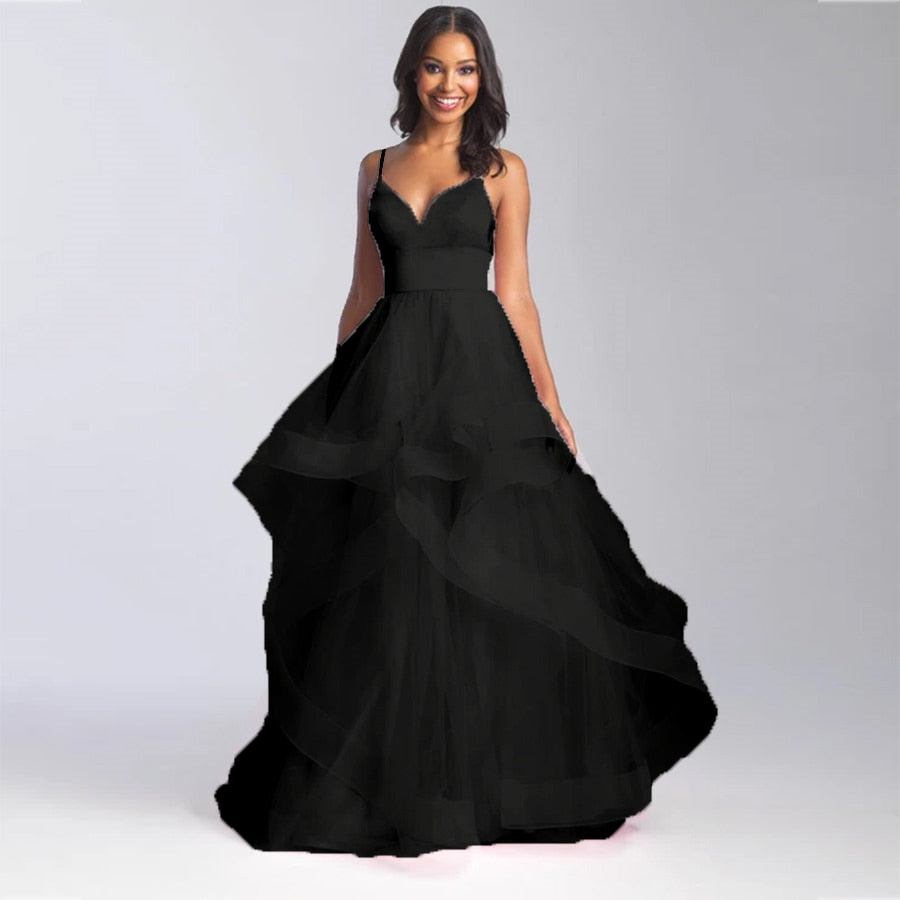 Evening Gowns for Wedding  Women Pink Deep V Neck Suspenders Party Dresses Tulle Floor Length Elegant Black Bridal Prom Dresses