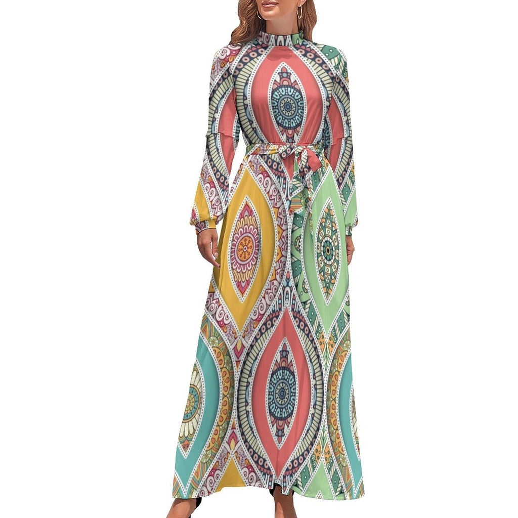 Ethnic Bohemia Dress Retro Floral Print Basic Beach Dresses Female Long Sleeve High Neck Elegant Long Maxi Dress