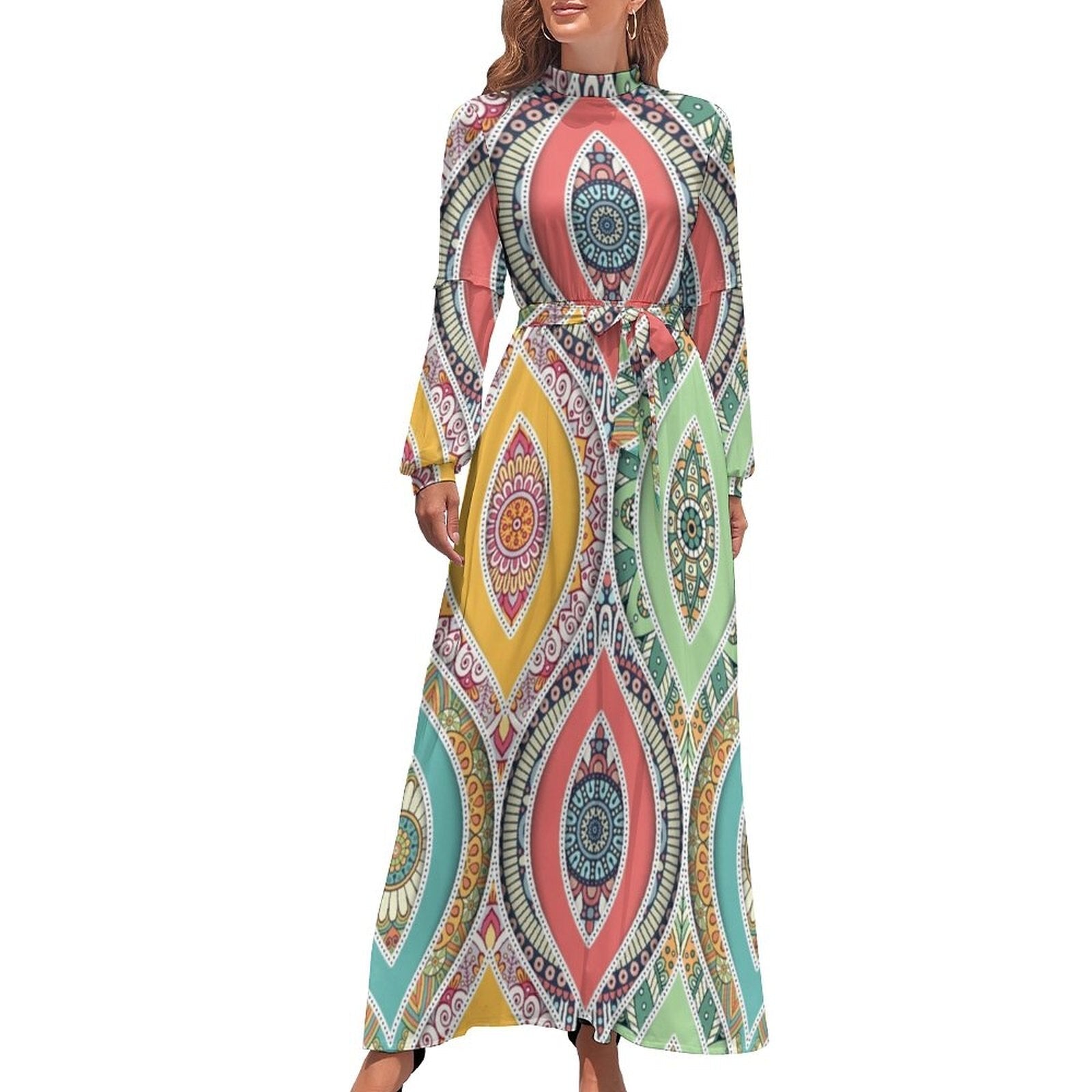 Ethnic Bohemia Dress Retro Floral Print Basic Beach Dresses Female Long Sleeve High Neck Elegant Long Maxi Dress