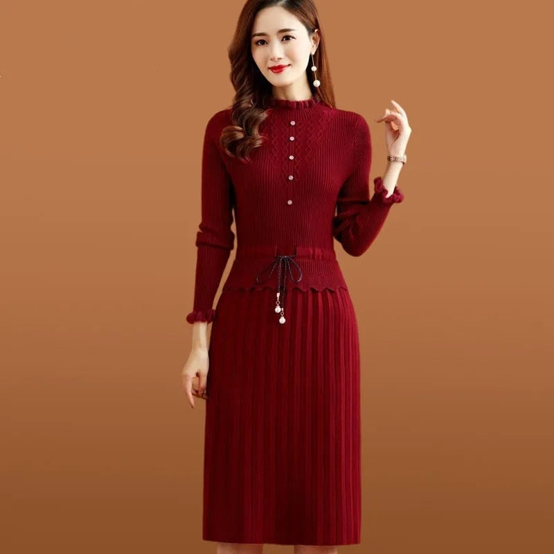 Fake Two Pieces Pleated Knitted Dress Women Vintage Ruffle Long Sleeve Bottoming Sweater Dresses Fall Casual Slim Midi Vestidos