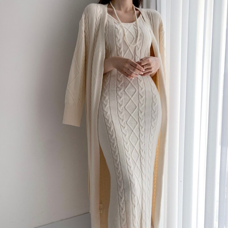 Elegant Thick Knitted 2 Piece Set Women Twist Long Cardigan Sweater Coat +Sleeveless Long Dress Suit Ensemble Femmea Fall Winter