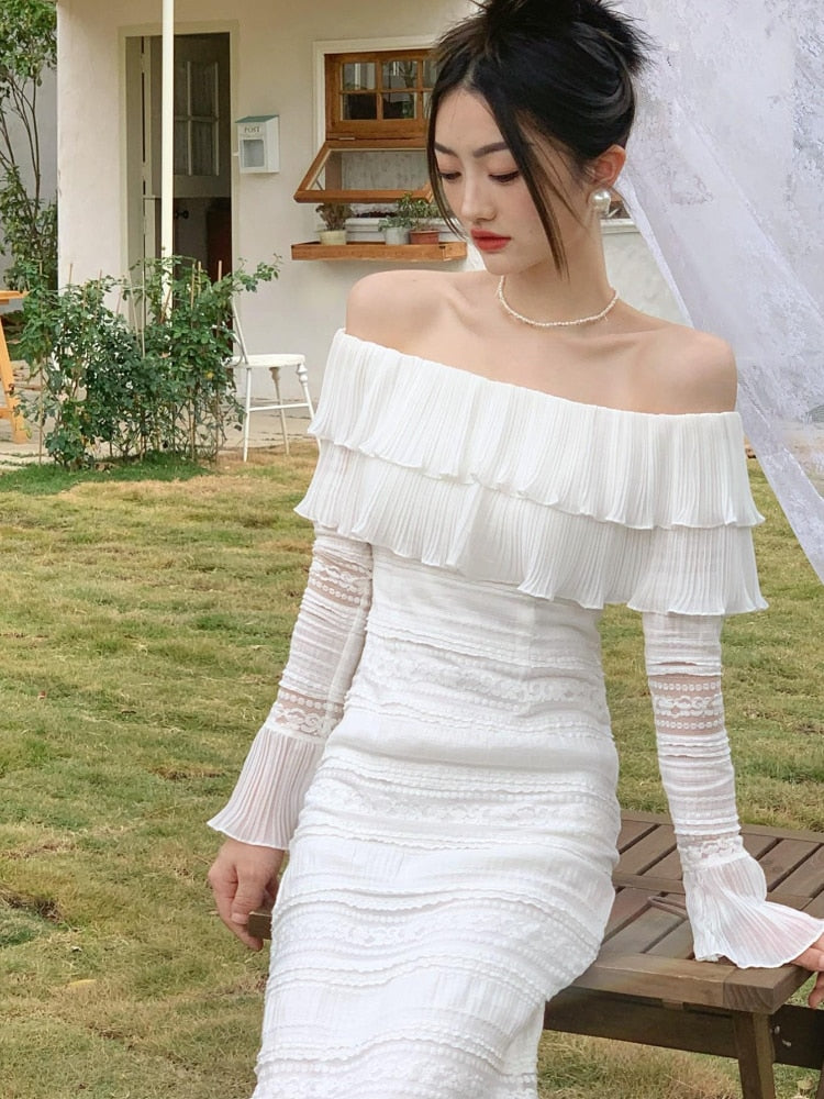 Elegant White Midi Dress Office Lady Long Sleeve Sexy Beach Party Bodycon Dress Women Chic 2023 Summer One Piece Dress Korean