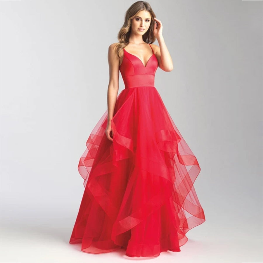 Evening Gowns for Wedding  Women Pink Deep V Neck Suspenders Party Dresses Tulle Floor Length Elegant Black Bridal Prom Dresses