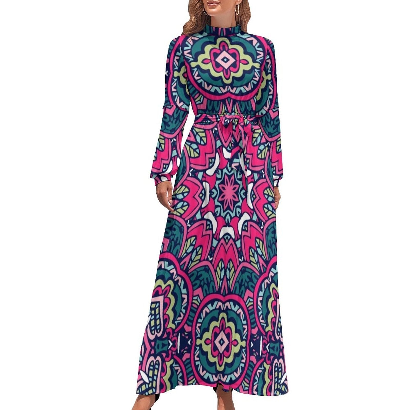 Ethnic Bohemia Dress Retro Floral Print Basic Beach Dresses Female Long Sleeve High Neck Elegant Long Maxi Dress