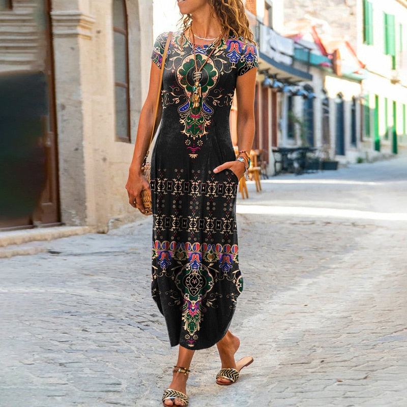 Elegant Women Maxi Dress 2023 Summer O Neck Short Sleeve Sundress Office Lady Party Dress Female Print A-Line Long Dress Vestido