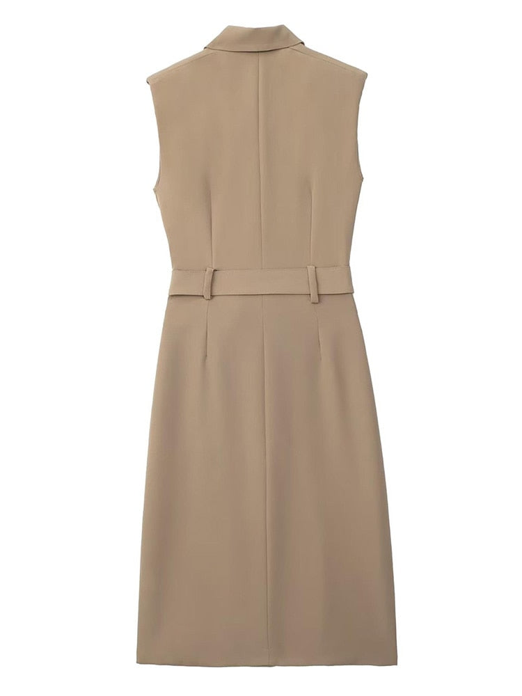 Elegant Women Blazer Dresses With Belt Autumn Solid Notched Office Lady Dresses Sleeveless Double Breasted Vestidos