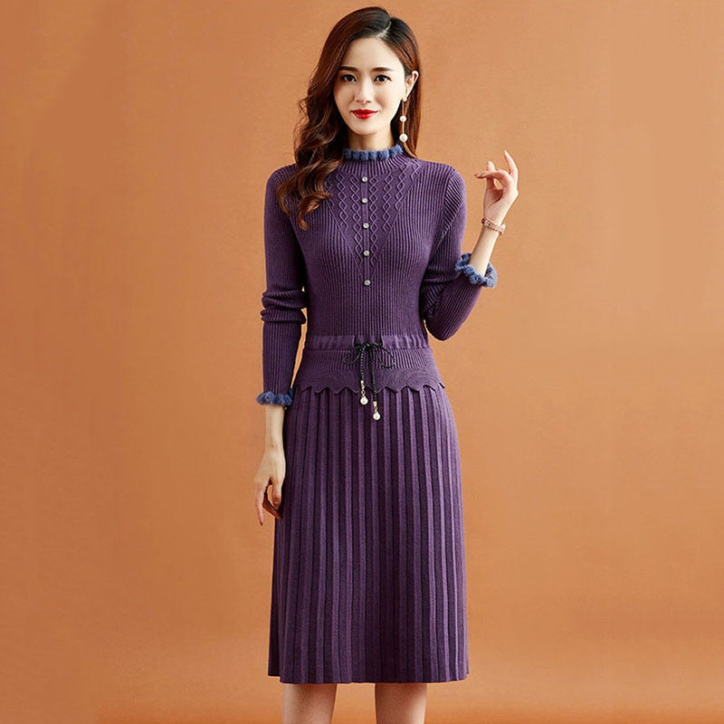 Fake Two Pieces Pleated Knitted Dress Women Vintage Ruffle Long Sleeve Bottoming Sweater Dresses Fall Casual Slim Midi Vestidos