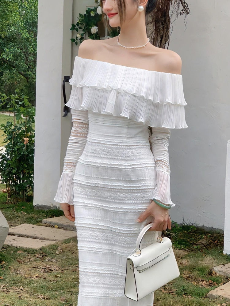 Elegant White Midi Dress Office Lady Long Sleeve Sexy Beach Party Bodycon Dress Women Chic 2023 Summer One Piece Dress Korean