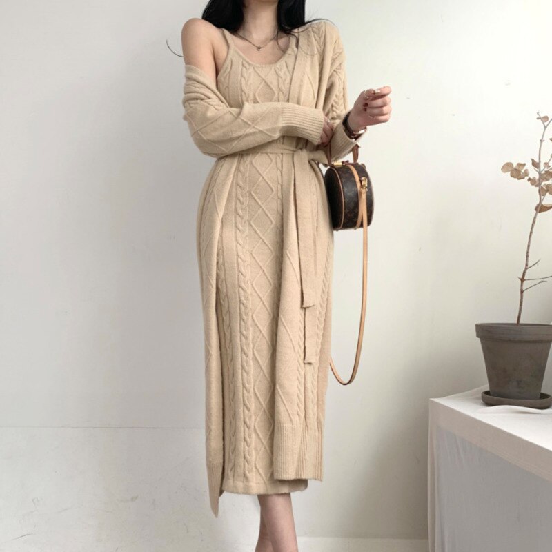 Elegant Thick Knitted 2 Piece Set Women Twist Long Cardigan Sweater Coat +Sleeveless Long Dress Suit Ensemble Femmea Fall Winter