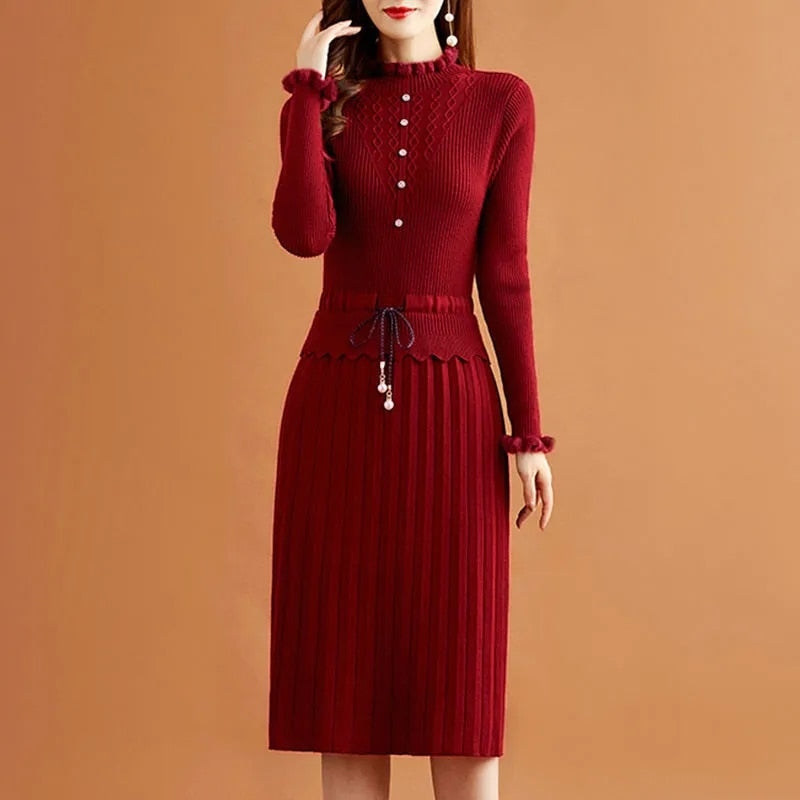 Fake Two Pieces Pleated Knitted Dress Women Vintage Ruffle Long Sleeve Bottoming Sweater Dresses Fall Casual Slim Midi Vestidos