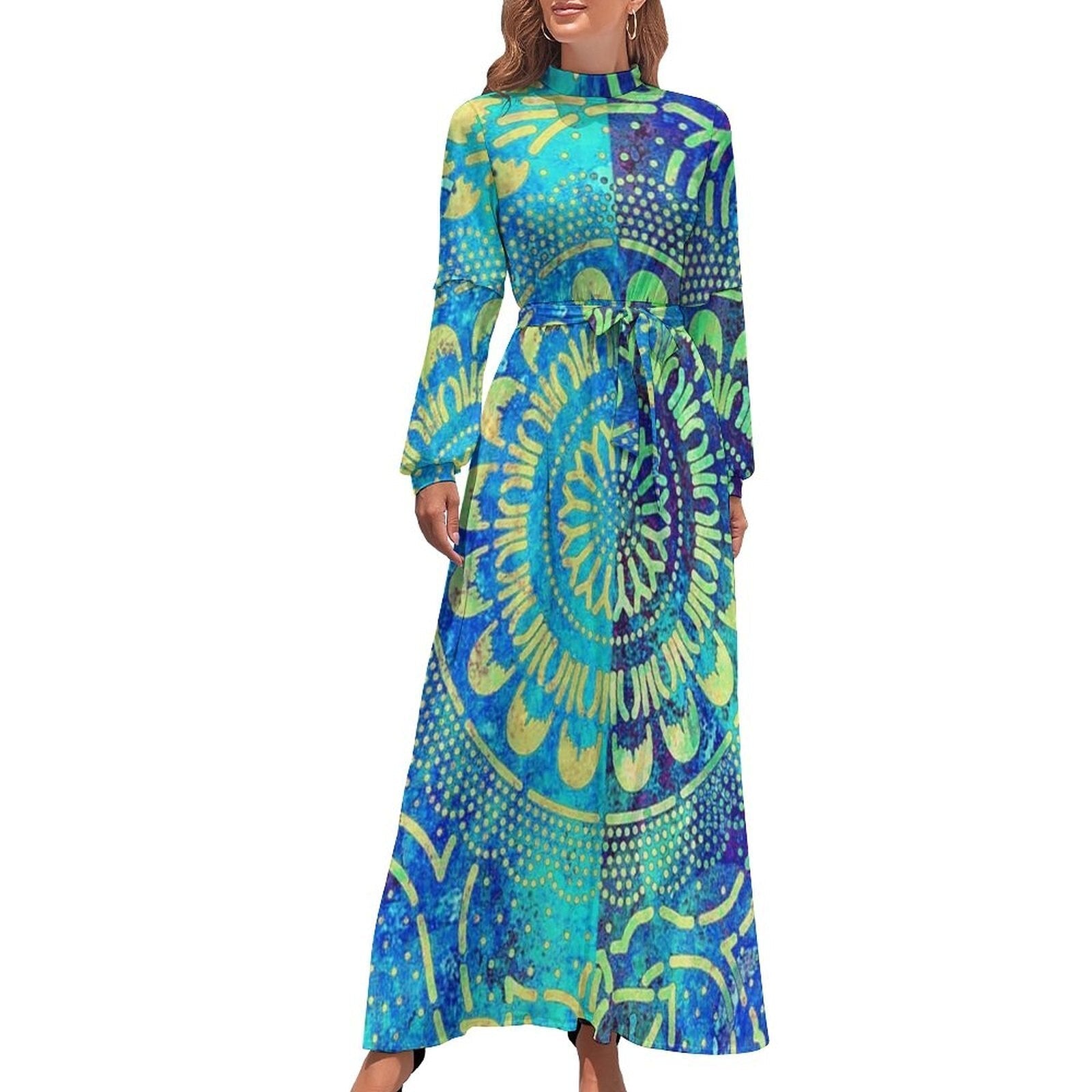 Ethnic Bohemia Dress Retro Floral Print Basic Beach Dresses Female Long Sleeve High Neck Elegant Long Maxi Dress