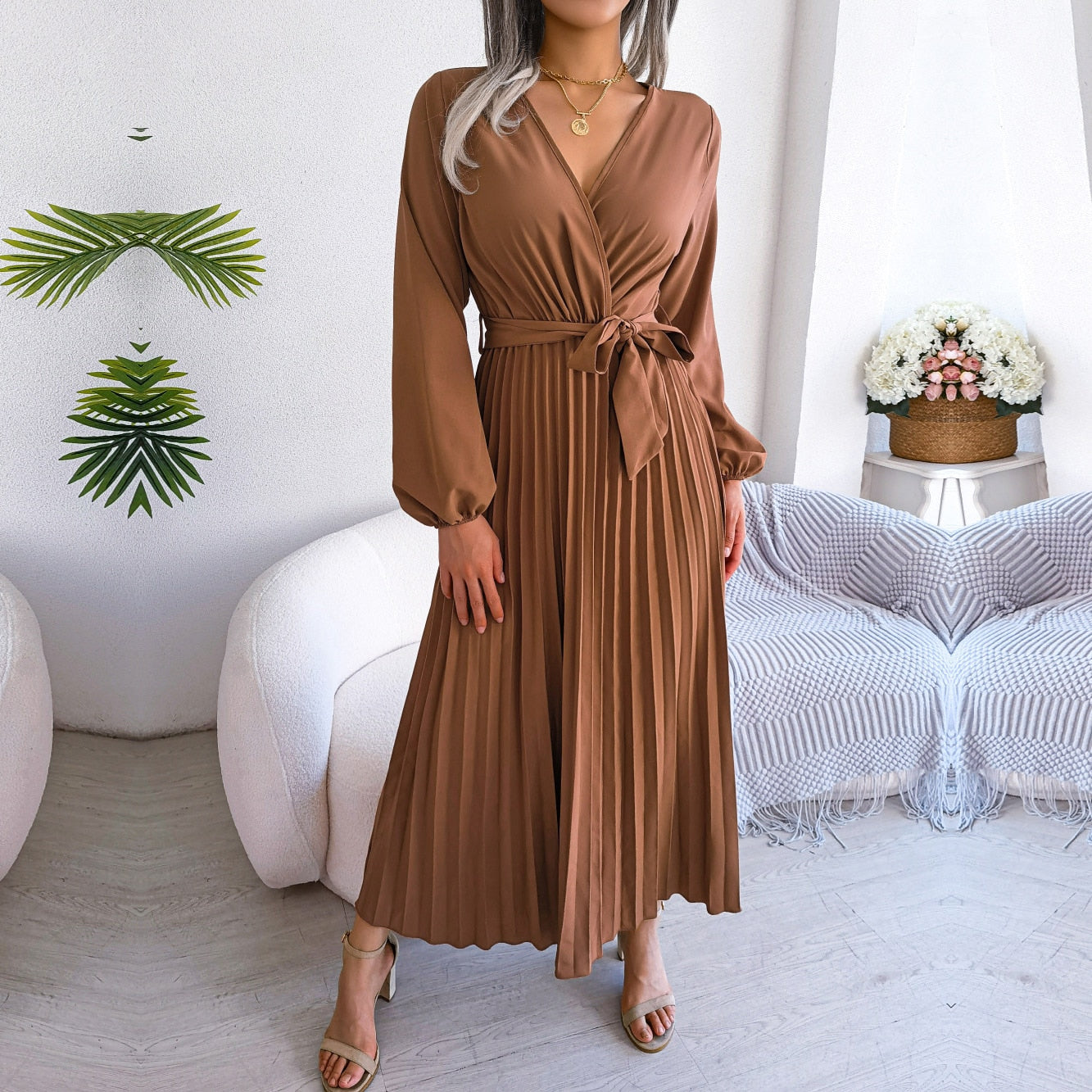 F 2023 New Women Spring Summer Temperament Cross Solid Color V Neck Large Hem Pleated Long Dress For Fashion