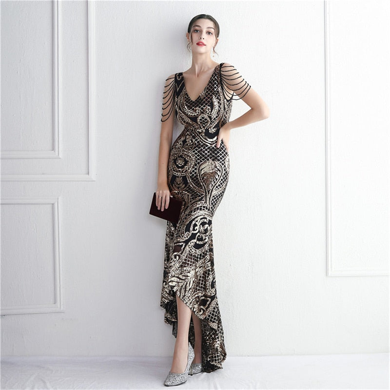 Elegant Women Beading Sleeve Long Prom Mermaid Dress Sexy Deep V Neck Sequin Evening Party Maxi Dress