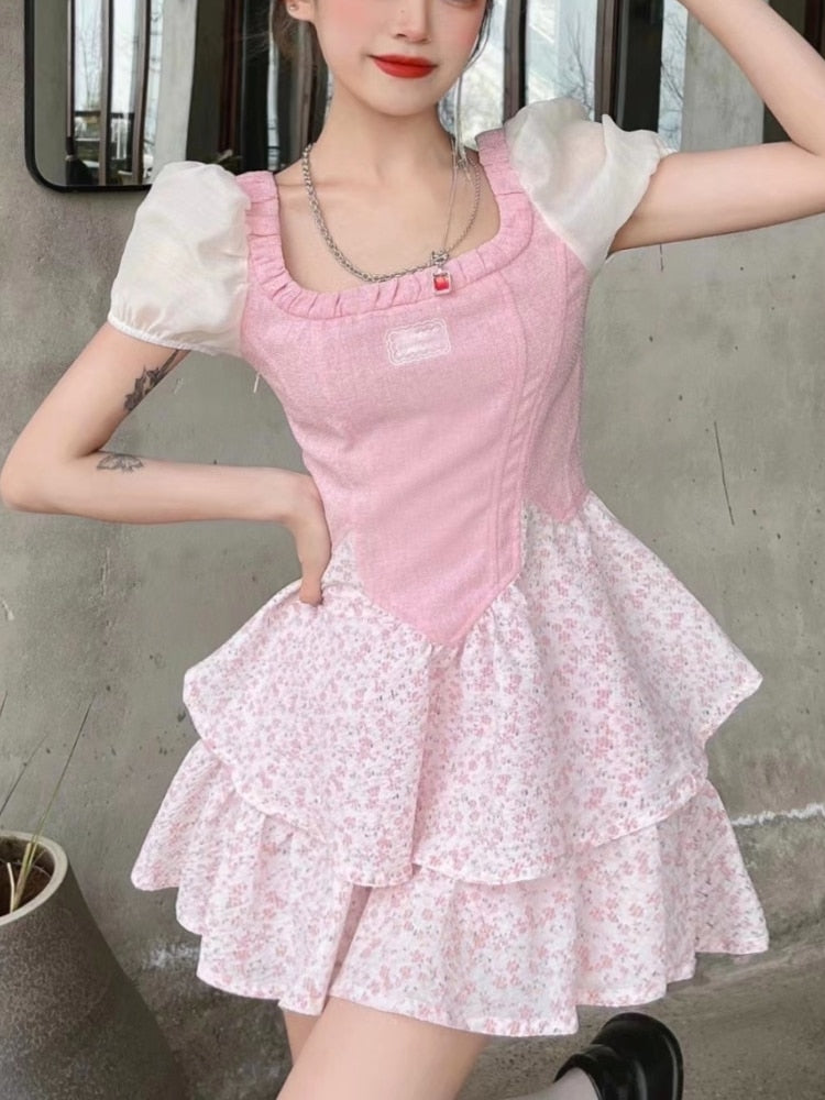 Elegant Sweet Dress Women Vintage Patchwork Party Mini Dresses Female Korean Fashion Holiday Square Collar Casual Dress Summer