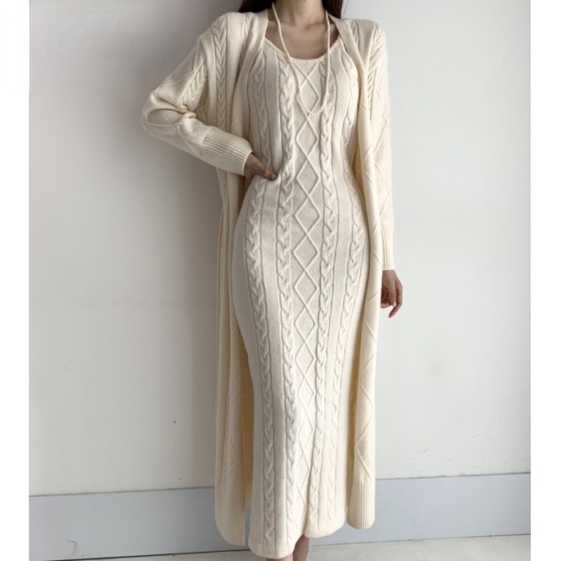 Elegant Thick Knitted 2 Piece Set Women Twist Long Cardigan Sweater Coat +Sleeveless Long Dress Suit Ensemble Femmea Fall Winter