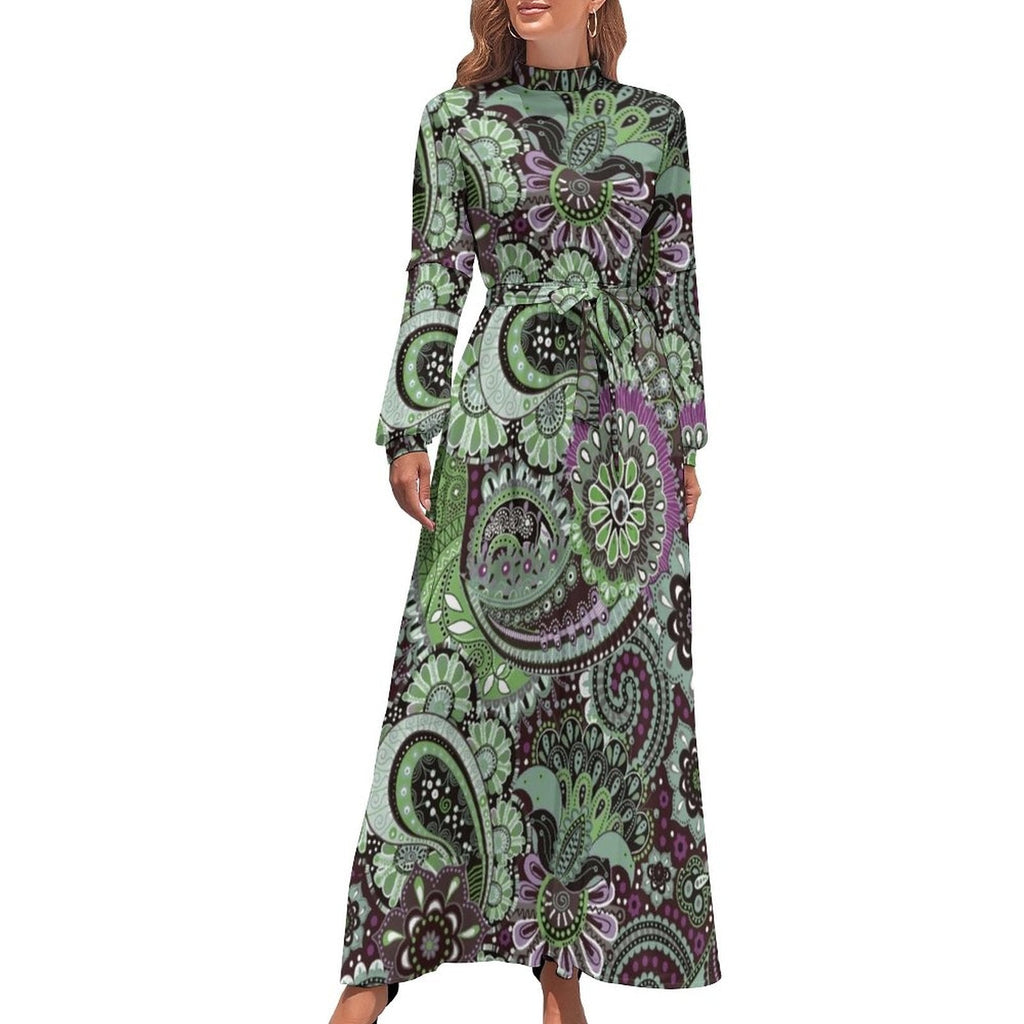 Ethnic Bohemia Dress Retro Floral Print Basic Beach Dresses Female Long Sleeve High Neck Elegant Long Maxi Dress