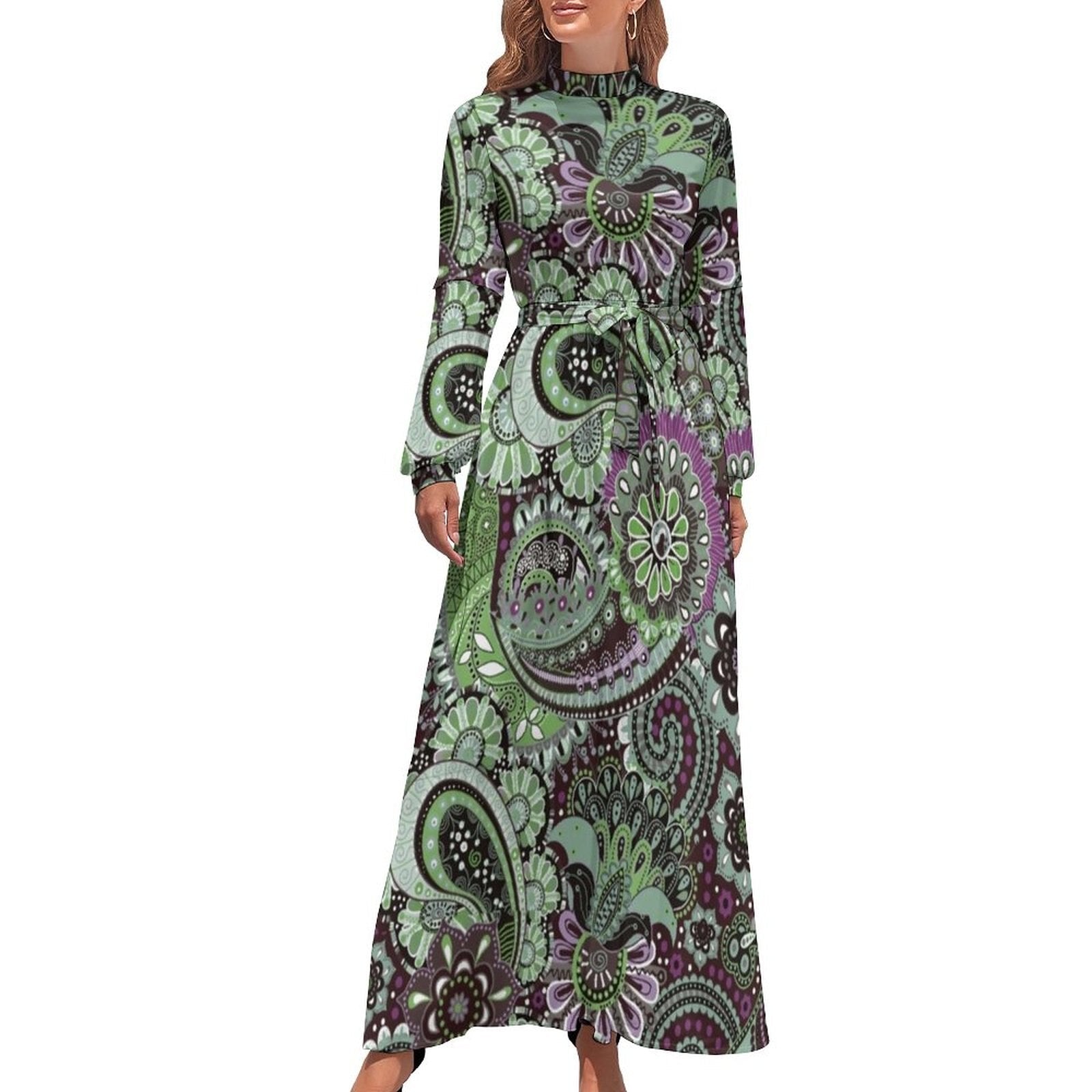 Ethnic Bohemia Dress Retro Floral Print Basic Beach Dresses Female Long Sleeve High Neck Elegant Long Maxi Dress