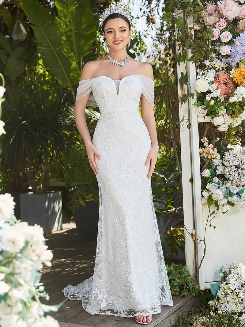 Elegant Wedding Dresses Mermaid Off Shoulders 2023 New Ever Pretty Lace Floor Length Bride Gown Dress Robe de mariée Woman