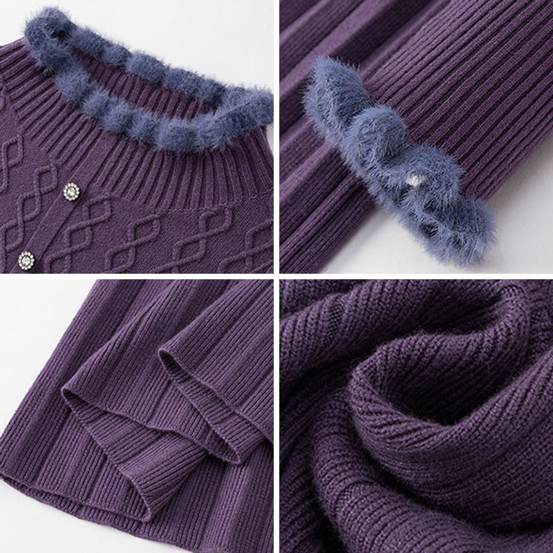 Fake Two Pieces Pleated Knitted Dress Women Vintage Ruffle Long Sleeve Bottoming Sweater Dresses Fall Casual Slim Midi Vestidos